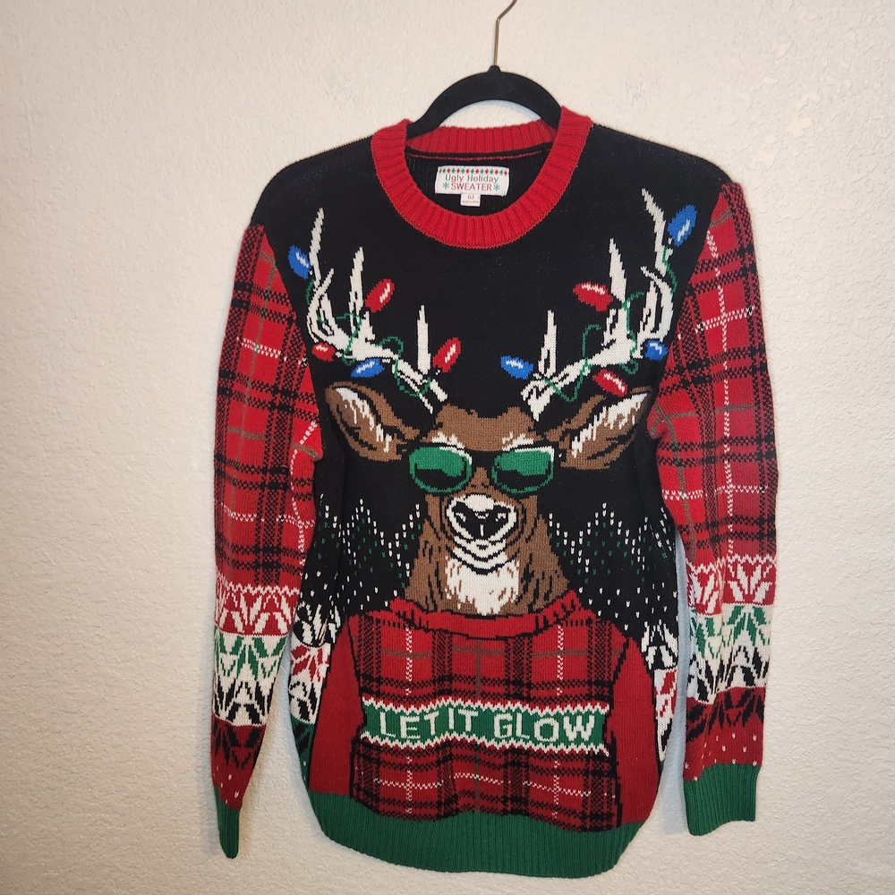 Ugly Holiday Sweater Reindeer Mens L Black Red Green Let It Glow Funny Xmas